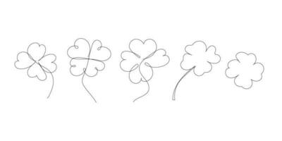 Set of beauty clovers drawn by one line. Floral sketch. Continuous line drawing. Minimalist art for patrick day. Vector illustration.