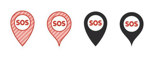 SOS icons. SOS badges in the form of a location icon. Vector scalable graphics