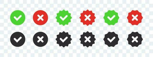 Checkmark buttons. Approval badges on transparent background. Vector scalable graphics