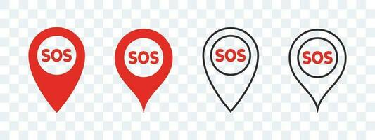 SOS Emergency icons. SOS badges in the form of a location icon. Vector scalable graphics