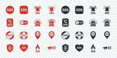 SOS Emergency icons set. Red and black SOS icons. Vector scalable graphics