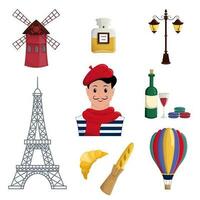 Design elements Travel to France. Set of illustrations Paris tourist attractions. Vector cartoon isolated picture set.