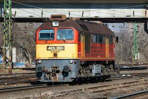 International train transportation. Locomotive train at station. Global railway transport and shipping. photo