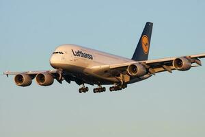 Lufthansa Airbus A380 D-AIMF passenger plane landing at Frankfurt Airport photo