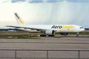 Aerologic Boeing 777-200 D-AALF cargo plane departure at Frankfurt airport photo