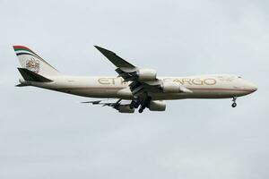 Etihad Airways Cargo Boeing 747-8 N855GT cargo plane landing at Frankfurt Airport photo