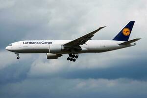 Lufthansa Cargo Boeing 777-200 D-ALFB cargo plane landing at Frankfurt Airport photo