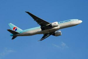 Korean Air cargo plane at airport. Air freight shipping. Aviation and aircraft. Air transport. Global international transportation. Fly and flying. photo