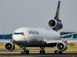 Lufthansa cargo plane at airport. Air freight shipping. Aviation and aircraft. Air transport. Global international transportation. Fly and flying. photo