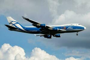 AirBridgeCargo cargo plane at airport. Air freight shipping. Aviation and aircraft. Air transport. Global international transportation. Fly and flying. photo