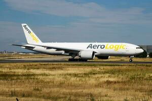 Aerologic cargo plane at airport. Air freight shipping. Aviation and aircraft. Air transport. Global international transportation. Fly and flying. photo