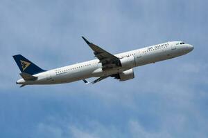 Air Astana passenger plane at airport. Schedule flight travel. Aviation and aircraft. Air transport. Global international transportation. Fly and flying. photo