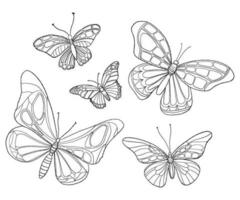 Collection beautiful butterflies. Linear hand drawing of flying insect. Vector illustration. Isolated outline elements for design, coloring, decor.