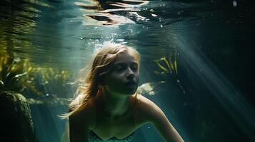 girl in a swimsuit, swimming underwater, full frame. art photo