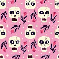 Pink Halloween pattern with mystical Gothic skulls. vector