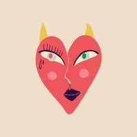 Red quirky strange clockwork heart with a funny face and horns. Illustration in a childish hand-drawn style vector