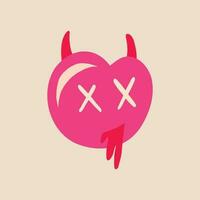 Pink quirky strange heart with a dead face and horns. Illustration in a childish hand-drawn style vector