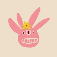 Pink funny character monster with funny smile face and tree eyes. Illustration in a modern childish hand-drawn style vector