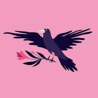 Quirky strange Illustration of a crow. A bizarre strange bird with a purple color vector