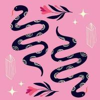 Pink Vibrant Halloween card with magic symbols snakes, crystals, flowers vector