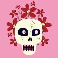 Cute creepy skull with flowers. Halloween Illustration in a modern childish hand-drawn style vector