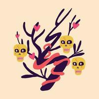 un árbol con calaveras y serpientes y corazones. Víspera de Todos los Santos de moda ilustración en moderno mano dibujado estilo vector