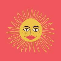 Awesome funny sun with a charming smiling face. Hand-drawn illustration in retro style vector