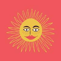 Awesome funny sun with a charming smiling face. Hand-drawn illustration in retro style vector