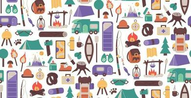 Seamless pattern with things for traveling to the mountains. Fishing and summer camping. Hike with backpacks, rest in the forest. print object stuff design wallpaper. background vector illustration.