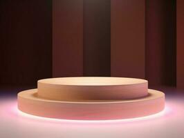 wooden natural podium or pedestal for display product minimal luxury design backdrop neon glow led created with Generative AI photo