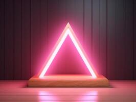 wooden natural podium or pedestal for display product minimal luxury design backdrop neon glow led created with Generative AI photo