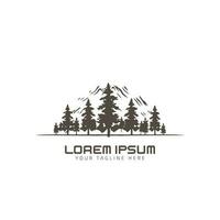 Simple pine tree vector logo icon in a modern style. With mountain on white background