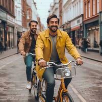 A photo of Man riding on cycle, bicycle, motorbike, bike and smiling with friend. generative ai