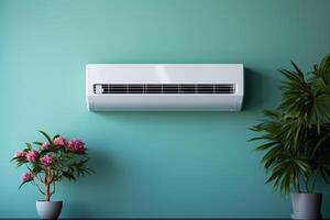 Close up shot of newly installed white air conditioner. Working AC hanging on the pastel color wall with a lot of copy space for text. Background. photo