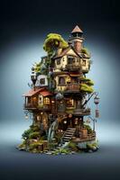 Tree house fantasy art. High quality picture for your work. building and stair. generative ai photo