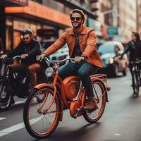 un foto de hombre montando en ciclo, bicicleta, moto, bicicleta y sonriente y Gafas de sol. generativo ai