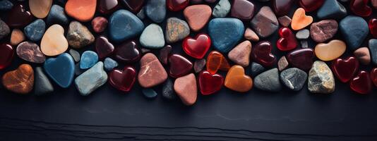 Photo of different color Hearts on table focus of hearts stone shape stone icon with blue dark best background. Valentines day concept.