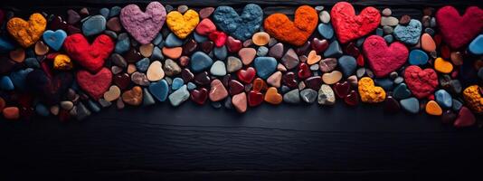 Photo of different color Hearts on table focus of hearts stone shape with dark best background. Valentines day concept. generative ai