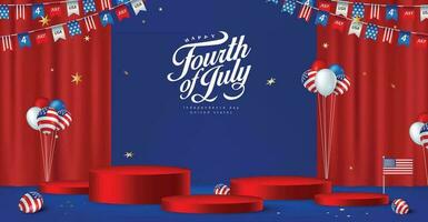 Independence day USA sale poster banner background with stage product display cylindrical shape and festive decoration vector