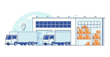 logistics, Big Warehouse loading Trucks. Vector illustration Pro Vector