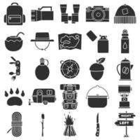 Bundle of assorted camping gear items silhouette art style vector