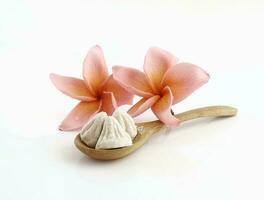 White clay filler on wooden spoon for Thai songkran festival photo