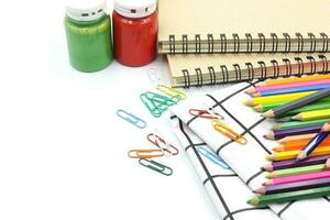Back to school concept - set of colorful stationery tools photo