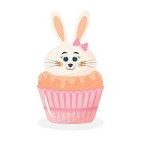 Cute Easter cupcake with bunny head. Funny sweet muffin with cartoon rabbit girl. vector