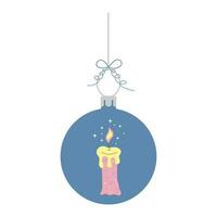 Christmas ball with magic candle. New Year bauble. Cute hanging winter toy with bow. vector