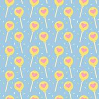 Lollipop with heart seamless pattern on blue background. Cute print. Trendy pastel wrapping paper. vector
