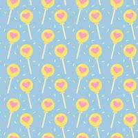 Lollipop with heart seamless pattern on blue background. Cute print. Trendy pastel wrapping paper. vector