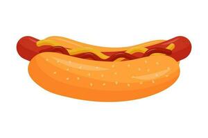 Hot dog with mustard and ketchup. American fast food. Cartoon flat vector illustration.