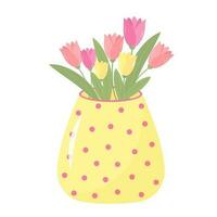 Vase with tulips. Still life postcard. Cartoon flat illustration. vector