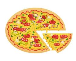 Pizza with tomato, cheese, olives, pepperoni, onion, basil, pepper and mushrooms. Traditional italian fast food. Whole round pizza with cut off slice. vector